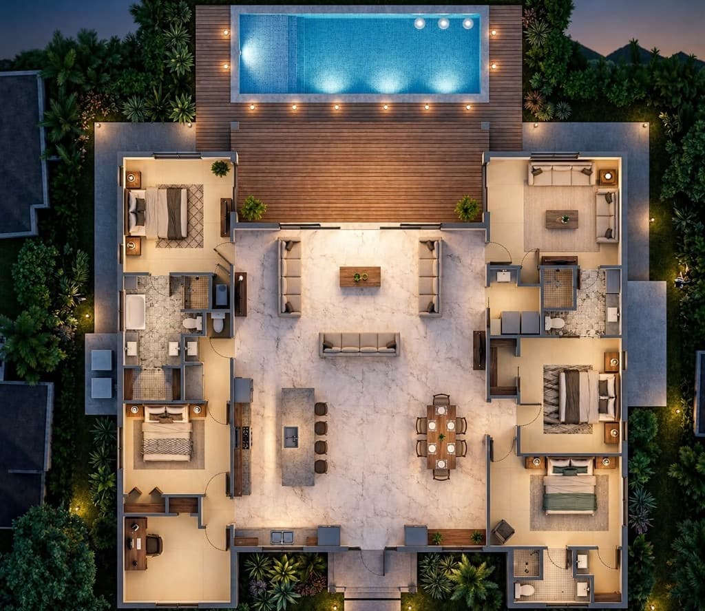 Architectural design floor plan for an open-concept custom home in the Florida Keys